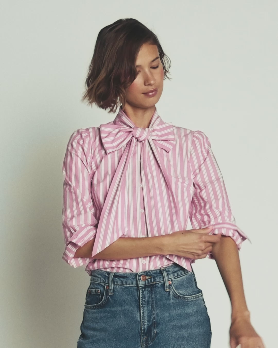 Clara Tie Neck Shirt-Pink, Maroon Tram Stripe-2