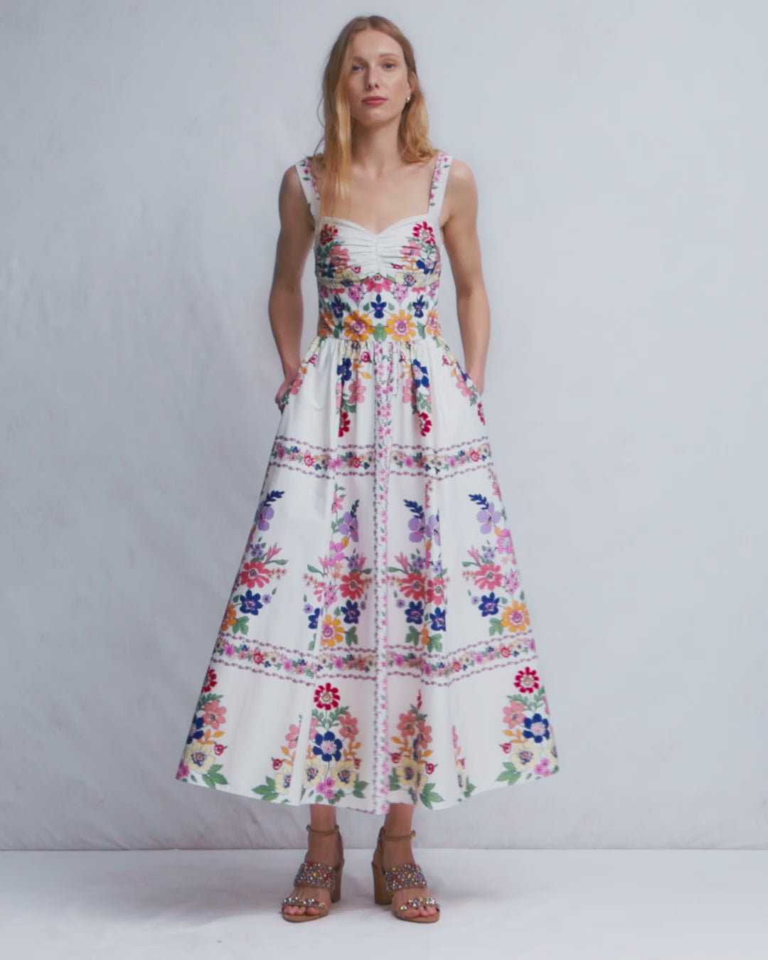 Fit and Flare Midi Dress-Multi Meadow Flowers Lattice-2