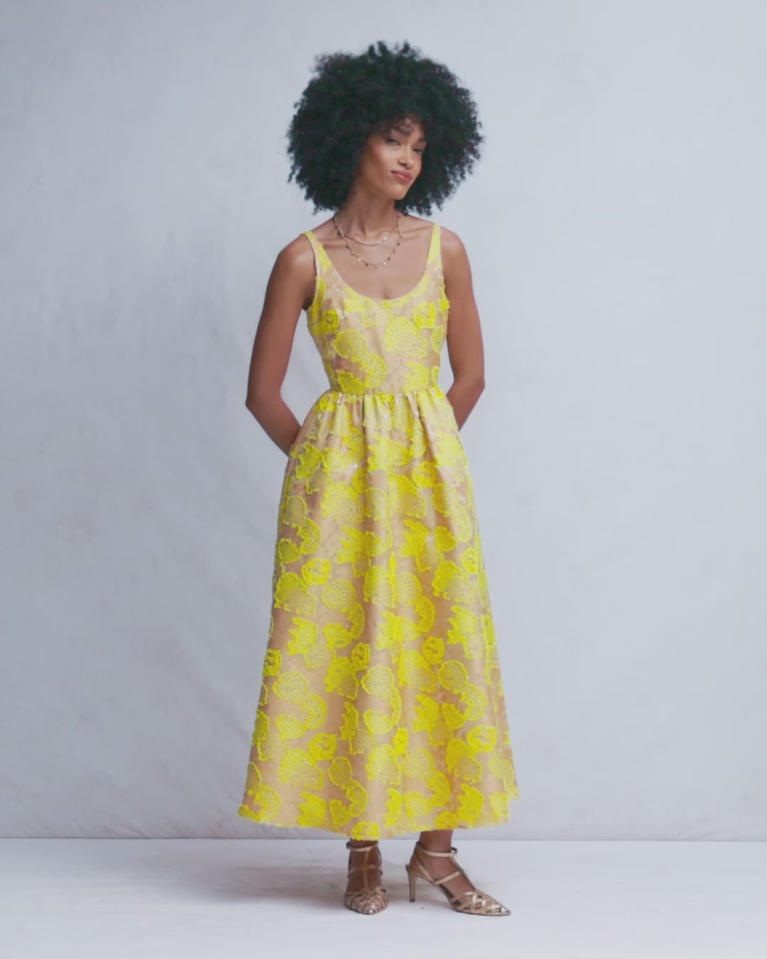 Scoop Neck Jacquard Dress-Yellow Jacquard-2